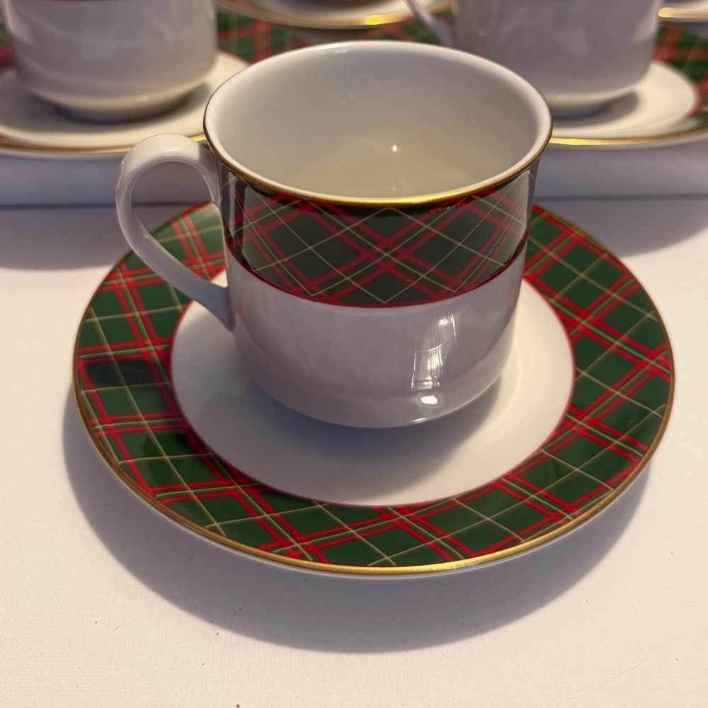 Royal Doulton Tartan TC1170 Cup Saucer Set 6 English Porcelain Plaid Gold Trim